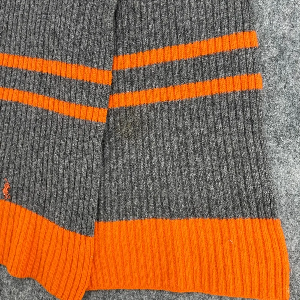 Polo Ralph Lauren Scarf Lambswool Ribbed Knit Striped Grey Orange Pony Logo